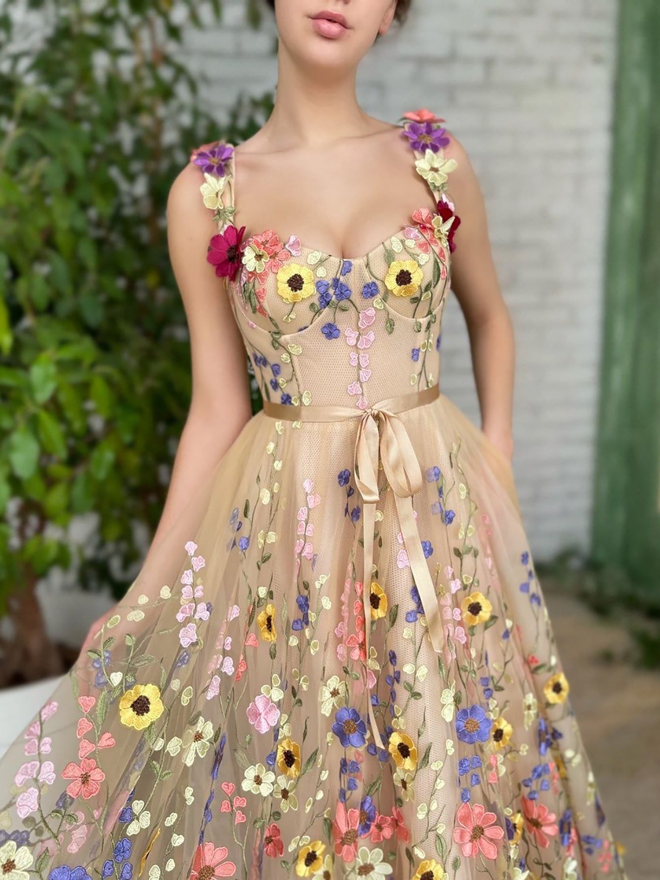 Beige Sweetheart A Line Embroidery Long Prom Dress With 3D Flowers - Fashionpara