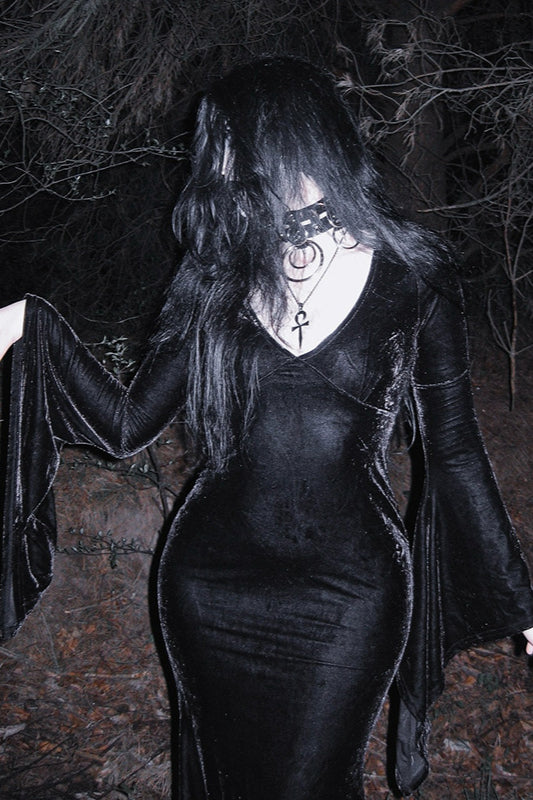 Velvet Gothic V-Neck Bell Sleeve Maxi Dress