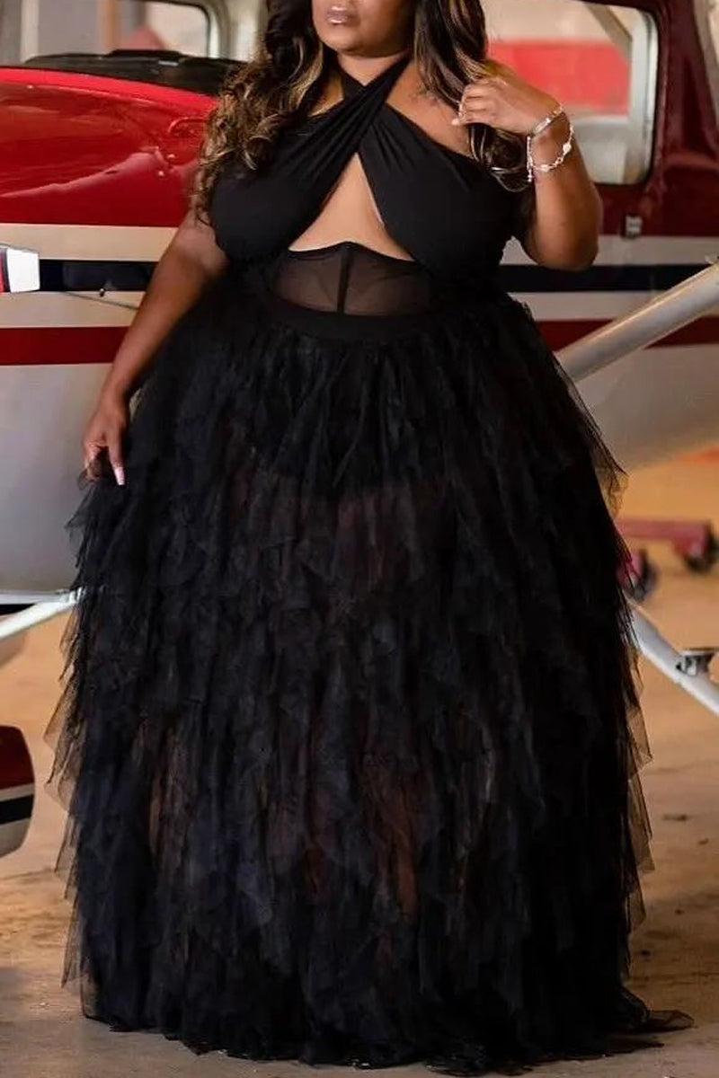 Plus Size Dresses Pink Backless Sleeveless See-through Maxi Dress Fashionpara