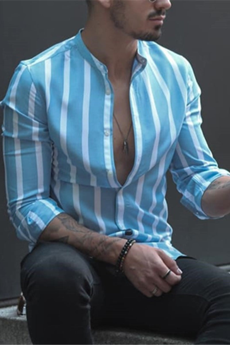 Men's Stand Up Collar Striped Shirt - Fashionpara