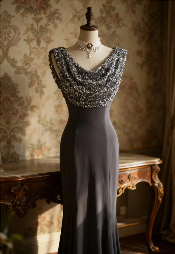 Vintage Black Mermaid Sequin Satin Long Prom Dress Evening Dress P4248