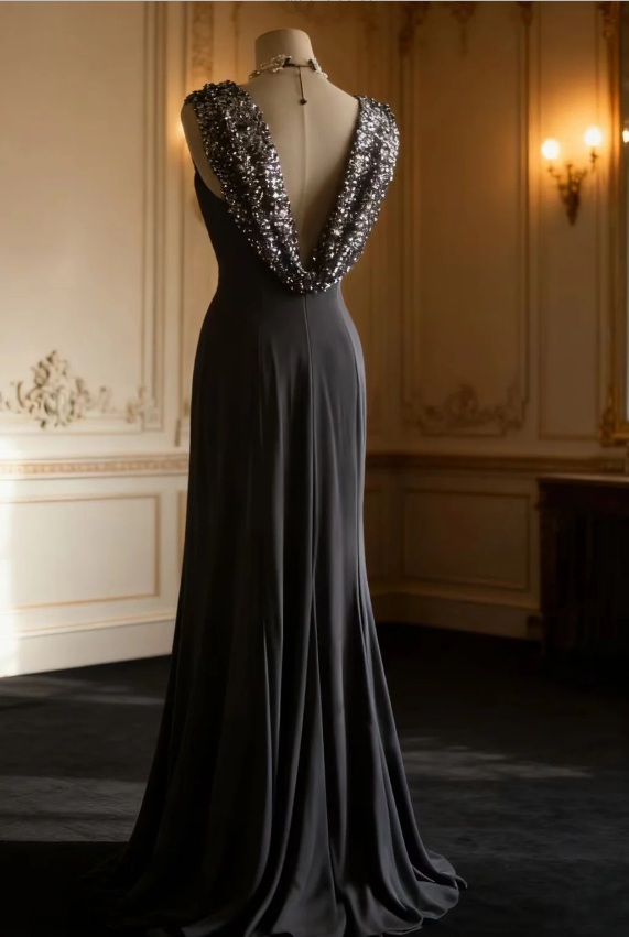 Vintage Black Mermaid Sequin Satin Long Prom Dress Evening Dress P4248