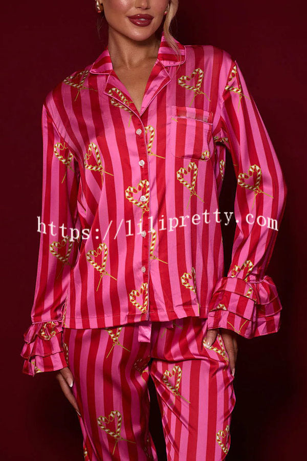 Festive Season Long Candy Stripe Tiered Bell Cuffs Elastic Waist Pocketed Pajama Set - Fashionpara