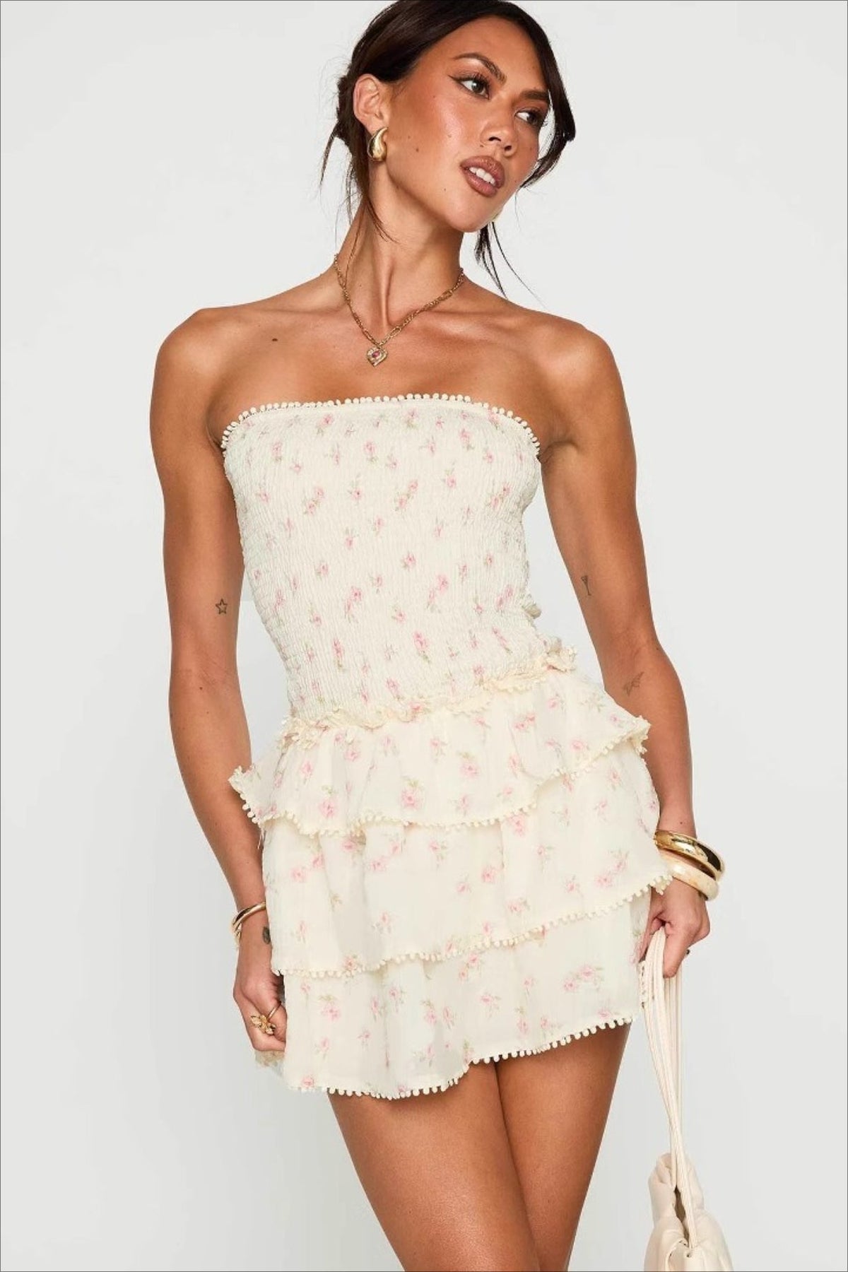 Floral Strapless Shirred Tiered Ruffle Mini Dress