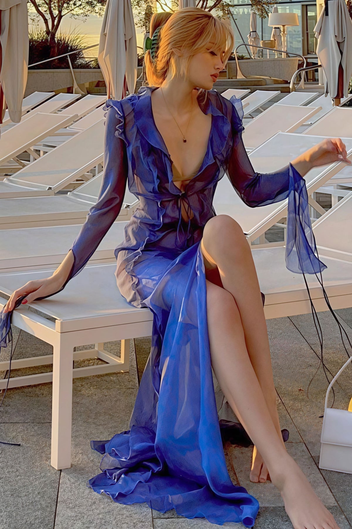 Sheer Organza Plunge Long Sleeve High Split Maxi Dress