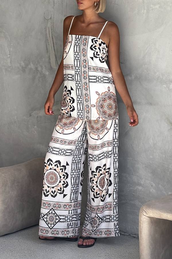 Unique Print Loose Casual Tank Top and Elastic Waist Wide Leg Straight Pants Set - Fashionpara