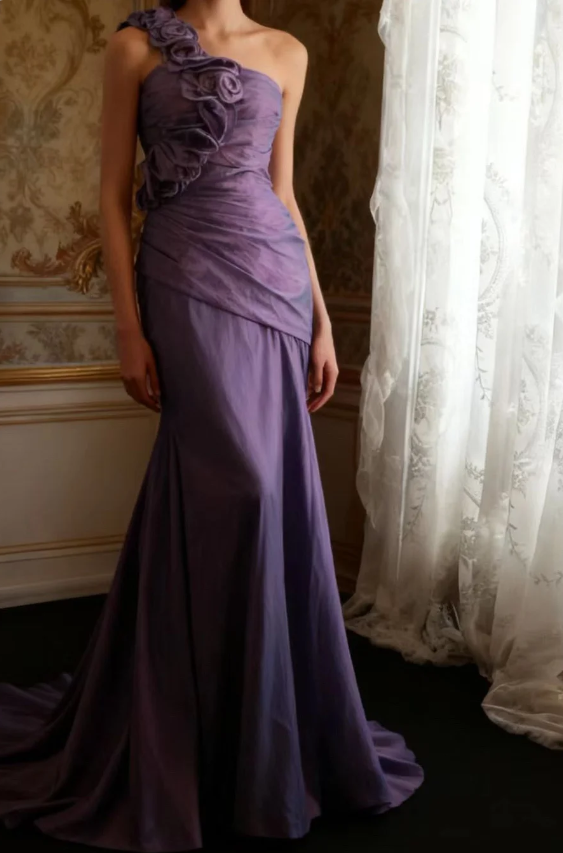 Retro Elegant Purple 3D Floral One-Shoulder Mermaid Satin Long Prom Dress Evening Dress P4249