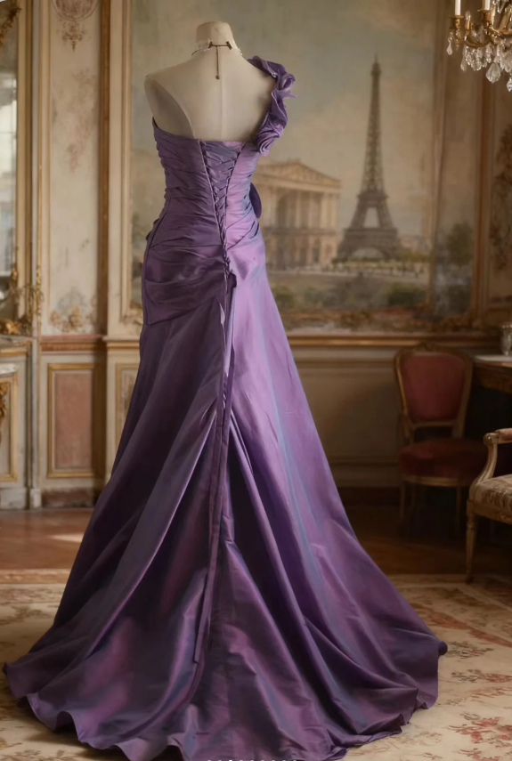 Retro Elegant Purple 3D Floral One-Shoulder Mermaid Satin Long Prom Dress Evening Dress P4249
