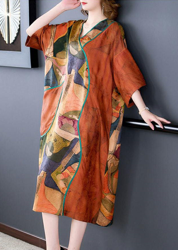 Abstract Print V-Neck Kimono Sleeve Piped Pocket Midi Shift Dress - View 5