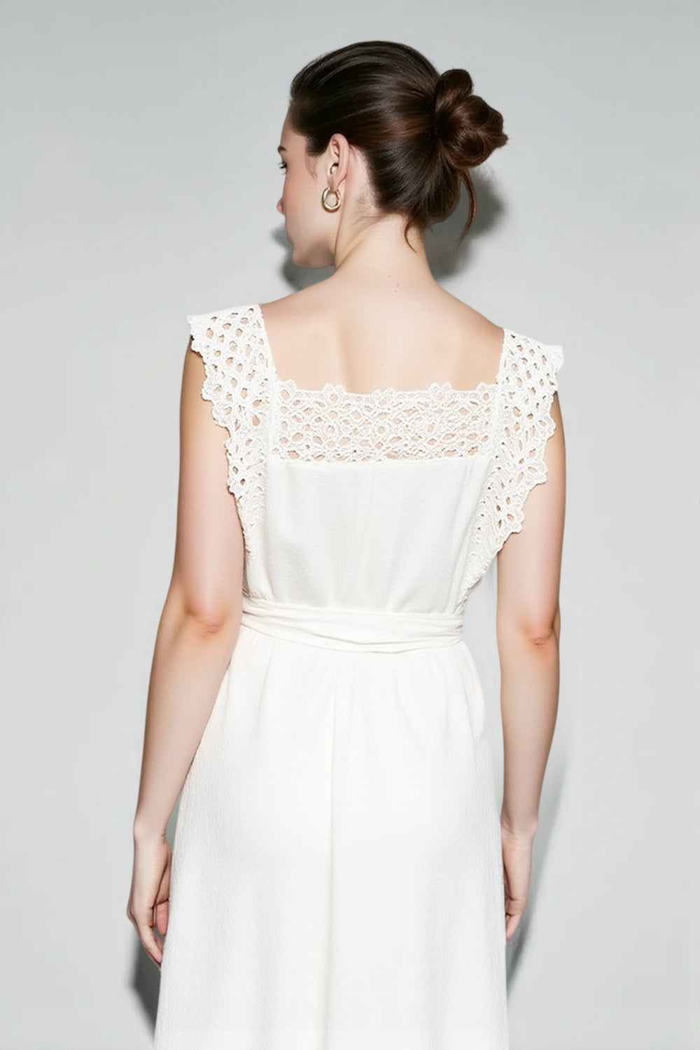 Eyelet Square Neck Belted Scalloped Midi Dress 4