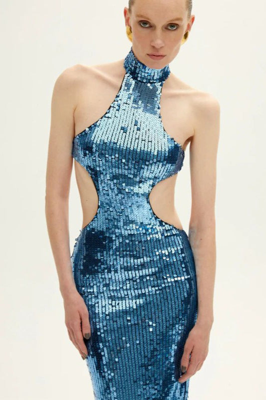 Sequin High-Neck Side Cut-Out Sleeveless Bodycon Dress