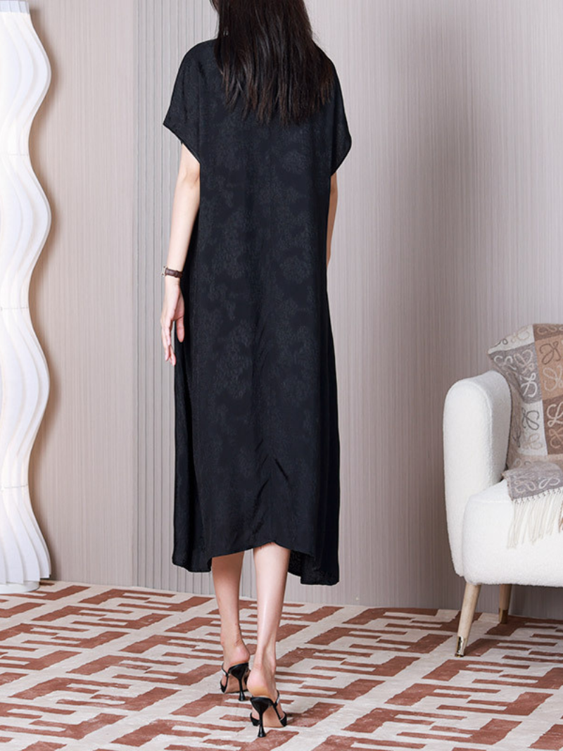 Jacquard Keyhole V-Neck Short-Sleeve A-Line Midi Dress 5
