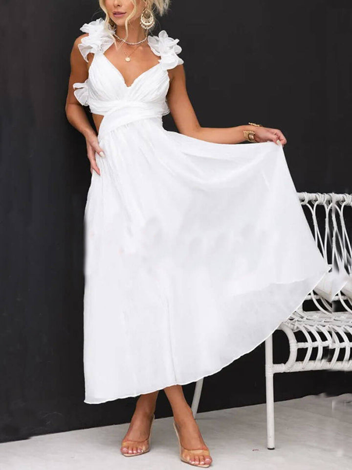 Floral Ruffle Detail Back Lace-Up Elastic Waist Maxi Dress - Fashionpara