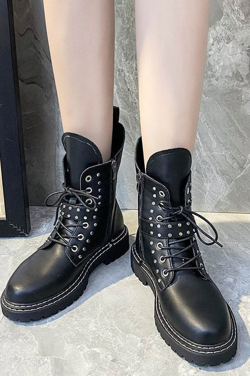 Black PU Lace-up Combat Boots With Rivet