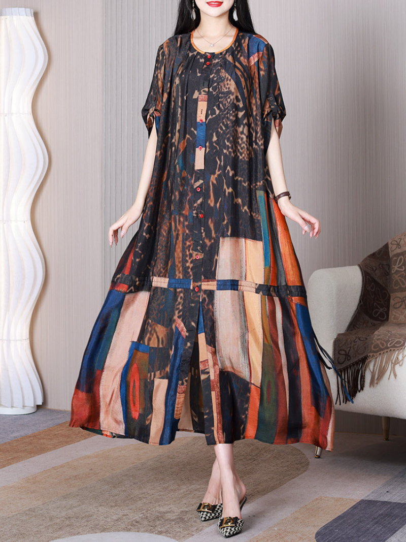 Abstract Print Round Neck Button-Front A-Line Maxi Dress