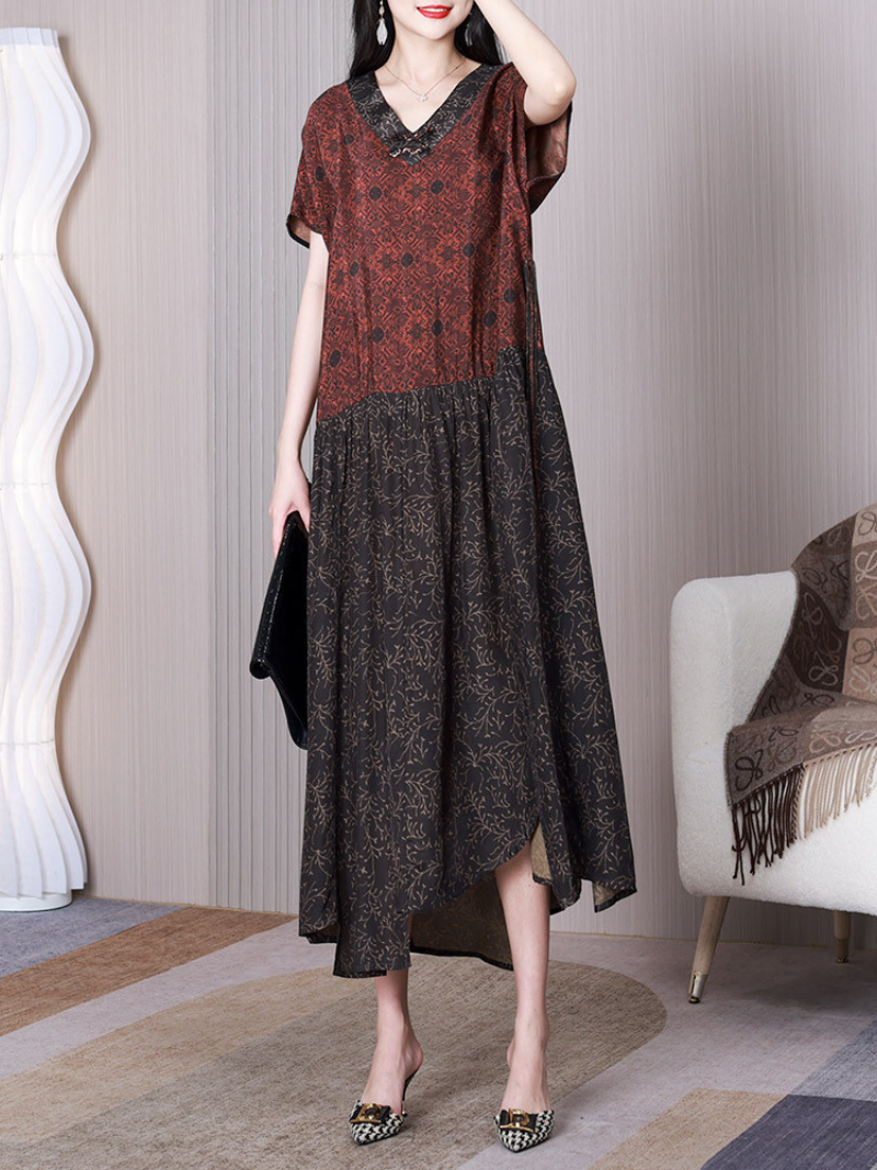 Contrast Print V-Neck Tiered High-Low A-Line Midi Dress 5