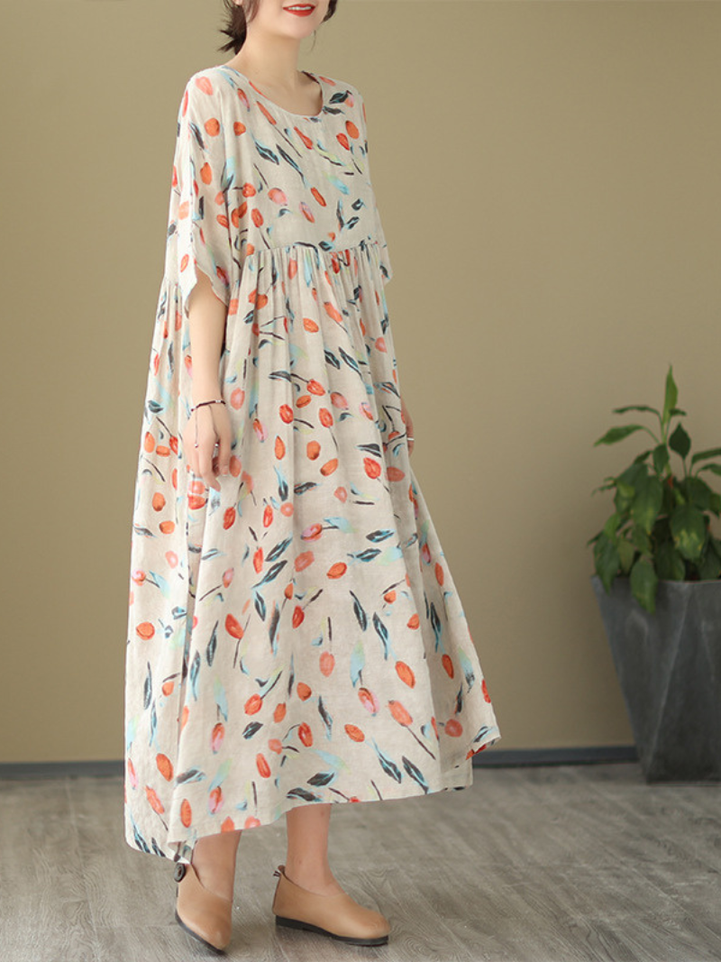 Tulip Print Round Neck Short Sleeve Smock Midi Dress 2