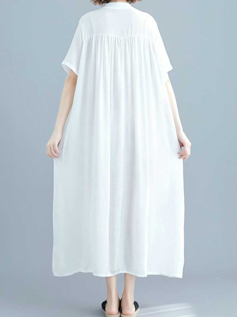 Long Cotton Front Button Cotton Shirt Dress (White - Black - Grey- Apricot) - Fashionpara