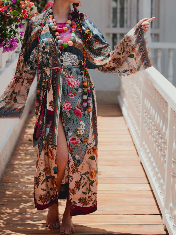 Printed Multicolor Cotton Long Length Gown Kimono Duster Robe - Fashionpara