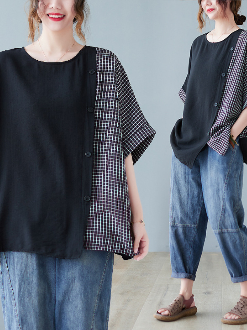 Black Short Sleeve Button Down Oversized Tops Casual Work Top - Fashionpara