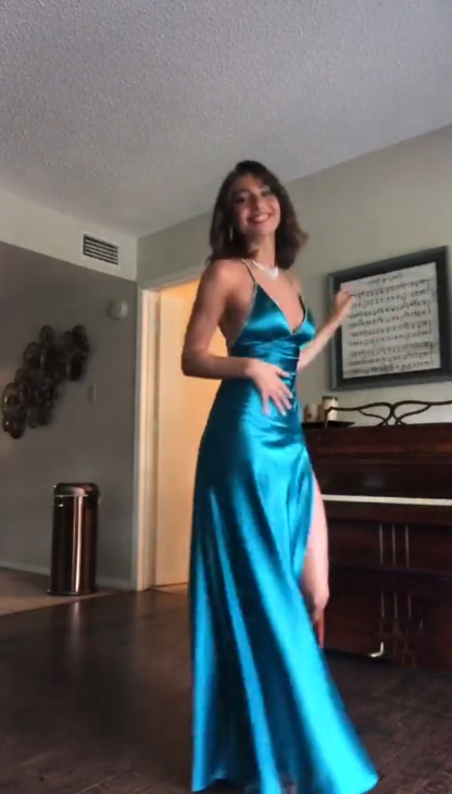 Classy Spaghetti Straps Blue Satin Beaded A Line Slit Long Wedding Guest Dress Evening Gown D1588