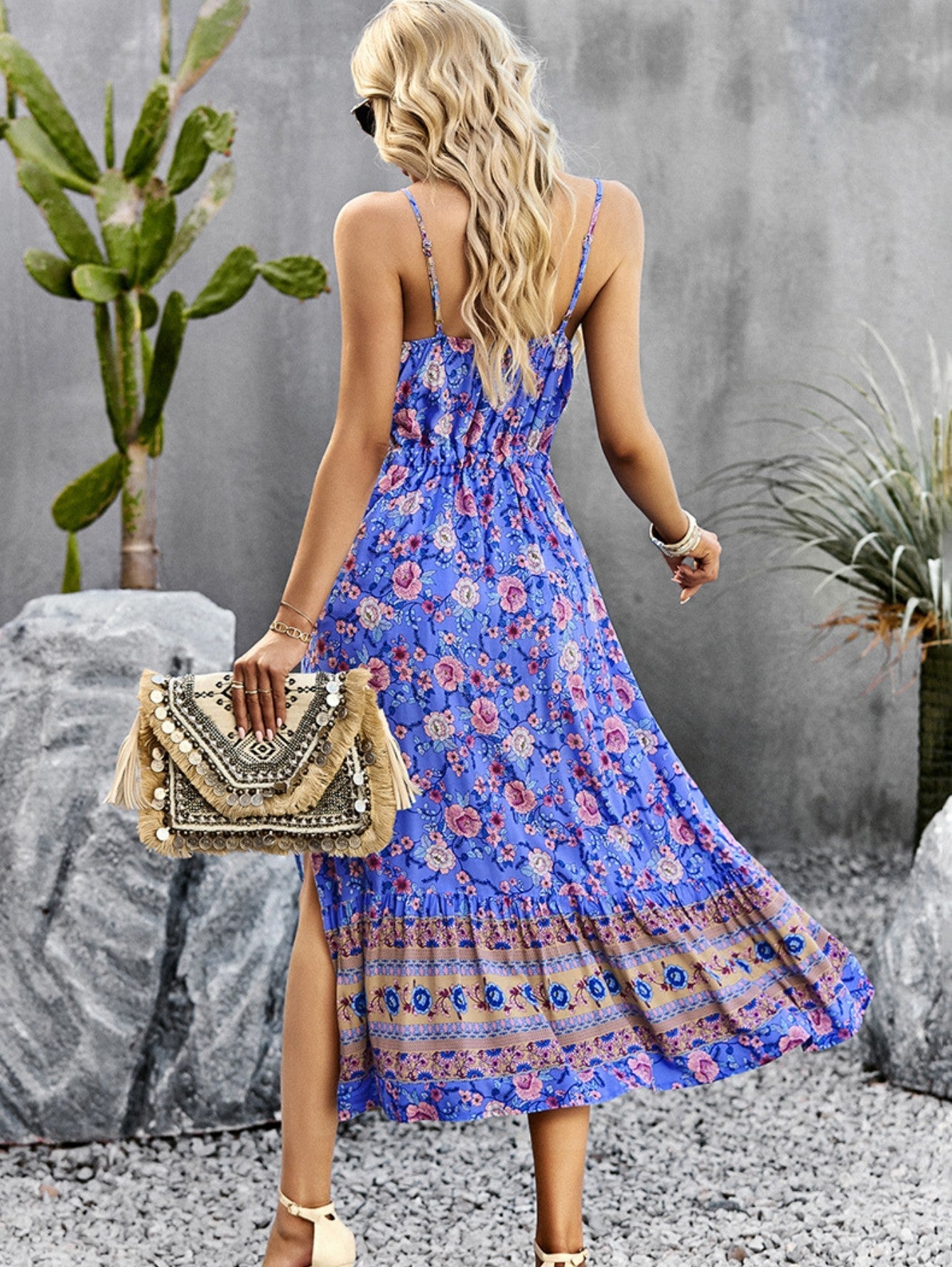 Blue A Line Floral Long Boho Dress With Slit - Fashionpara