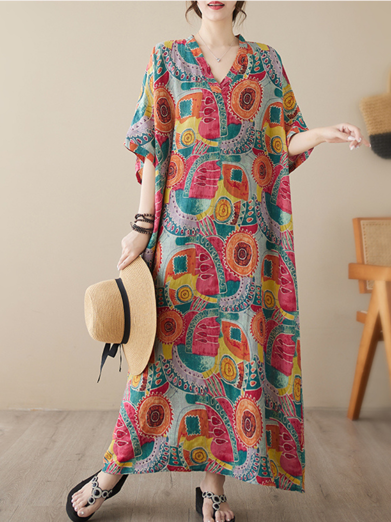 Game Of Love V-neck Short Sleeves Kaftan Dress - Fashionpara