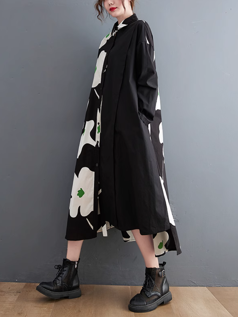 Casual Windbreaker Front Button Mid-length Shirt A-Line Dress - Fashionpara