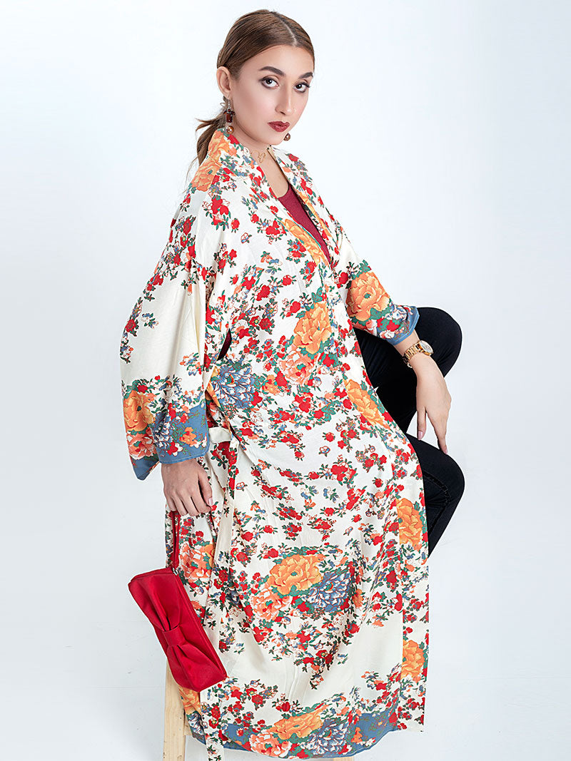Beachwear Kimono Floral Bohemian Print Beige Color Cotton Long Length Gown Kimono Duster Robe - Fashionpara