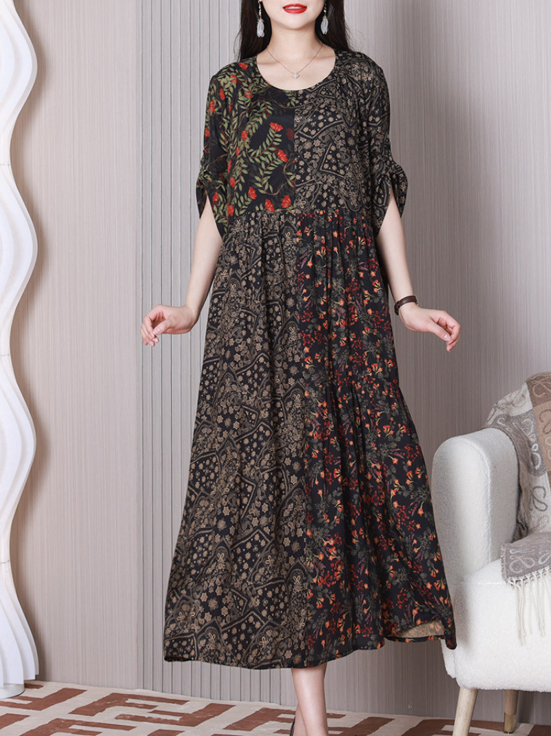 Patchwork Floral Round Neck Short Sleeve Midi Dress 3