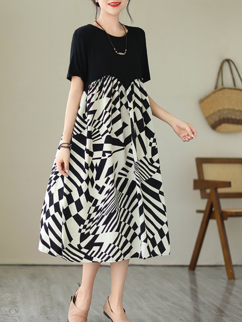 Nature Love Round Neck Commuter A-line Dress - Fashionpara