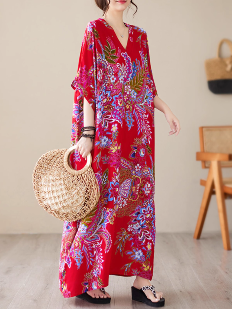 Paisley Print V-Neck Short Sleeve Kaftan Maxi Dress 8