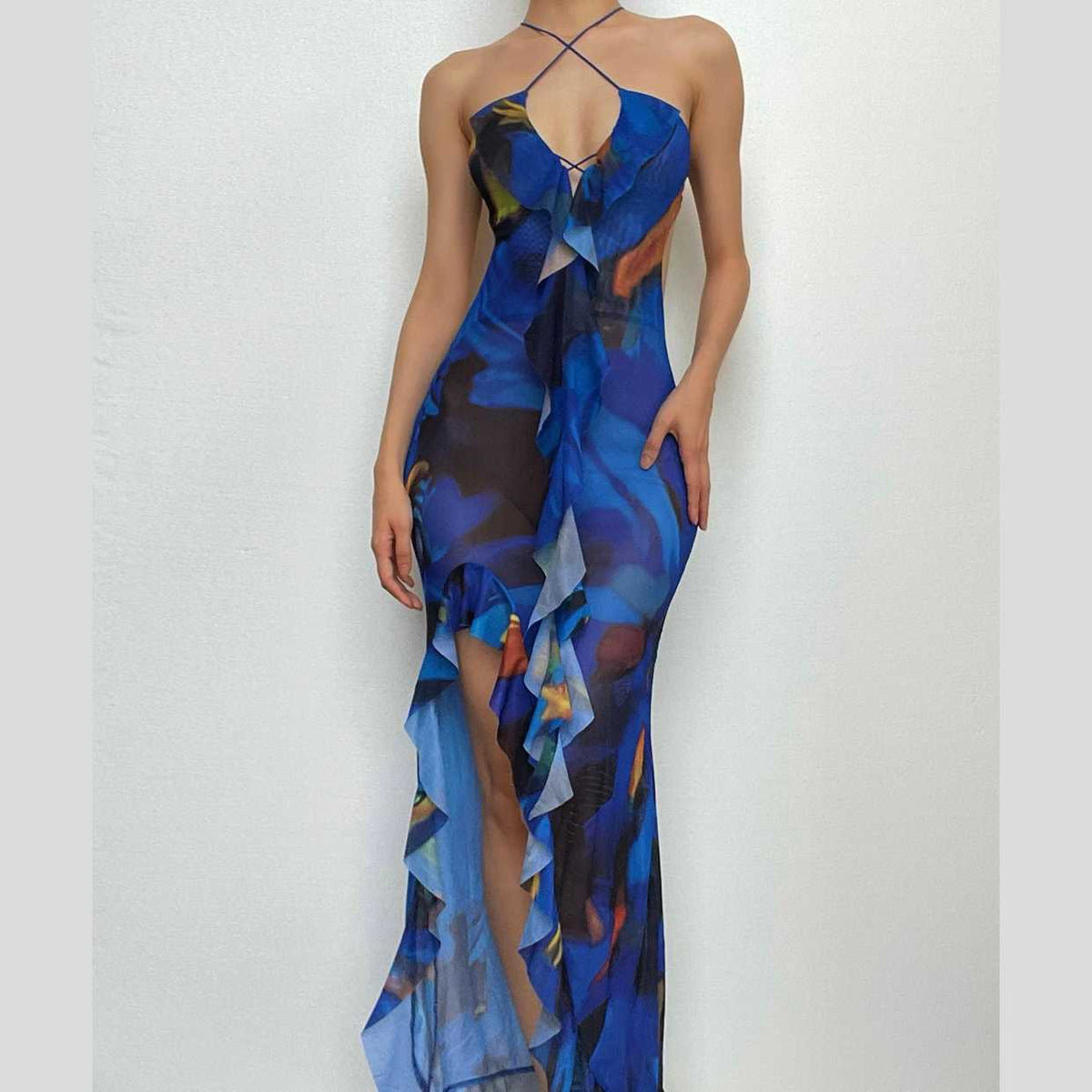 Cross front backless sheer mesh see through slit maxi dress - View 2