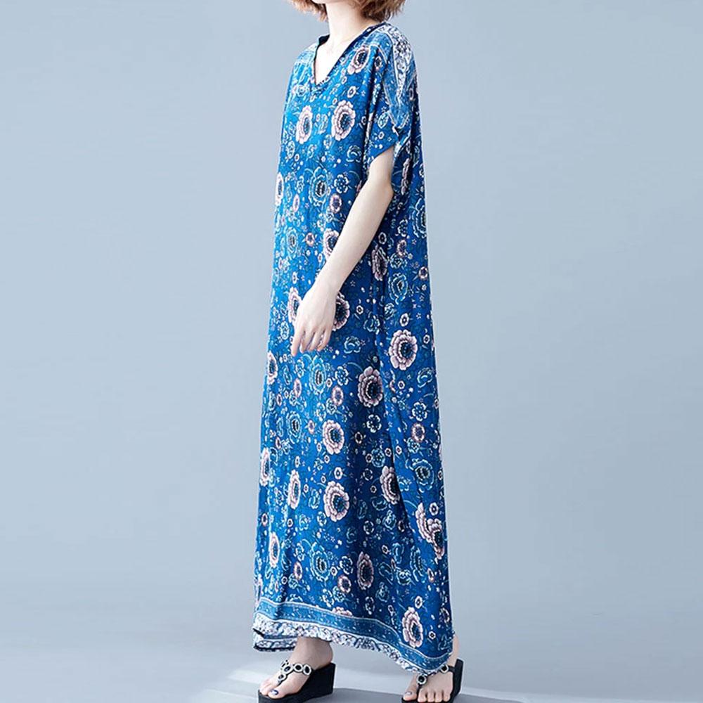 Floral Print V-Neck Short Sleeve Kaftan Maxi Dress 3