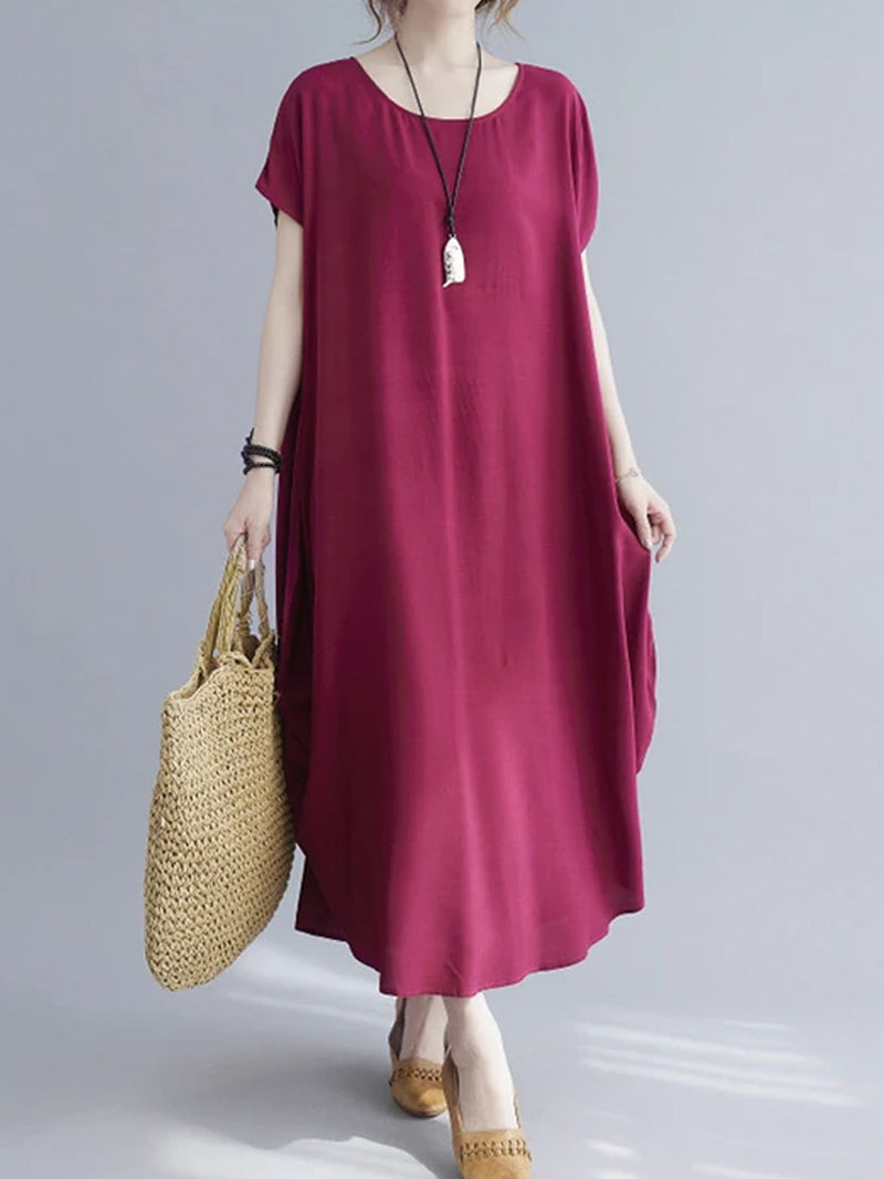 Cotton Round Neck Short Sleeve Cocoon Midi Dress 5