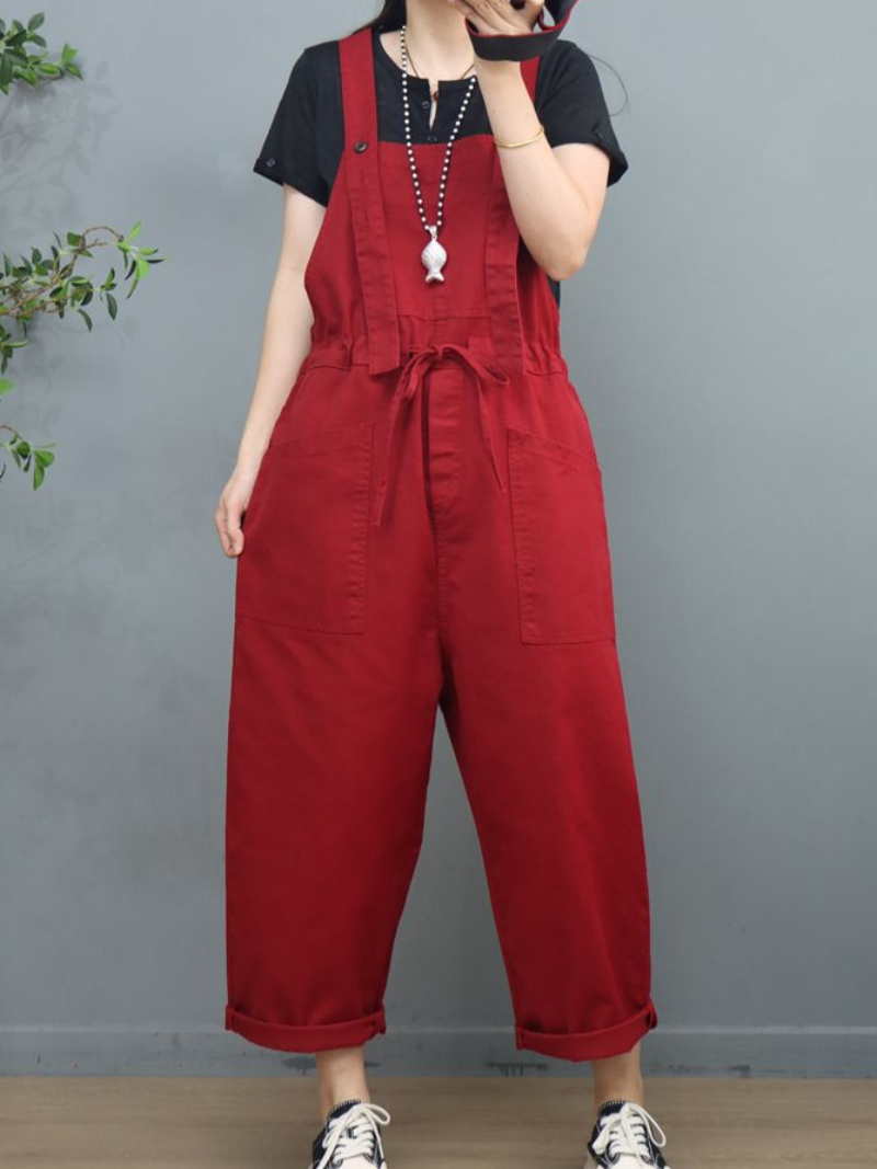Waist Tie Belt Loose Wide-Leg Boho Pockets Overalls - Fashionpara