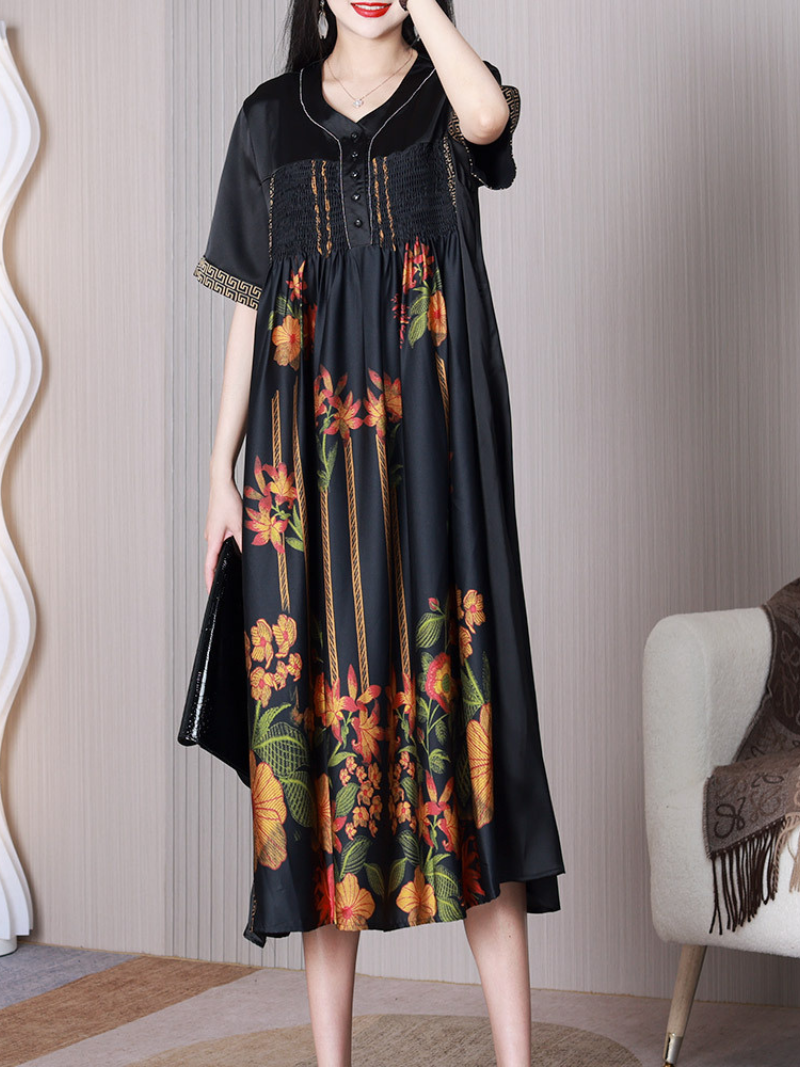 Nature Love V-neck Middlw Waist A-line Dress - Fashionpara