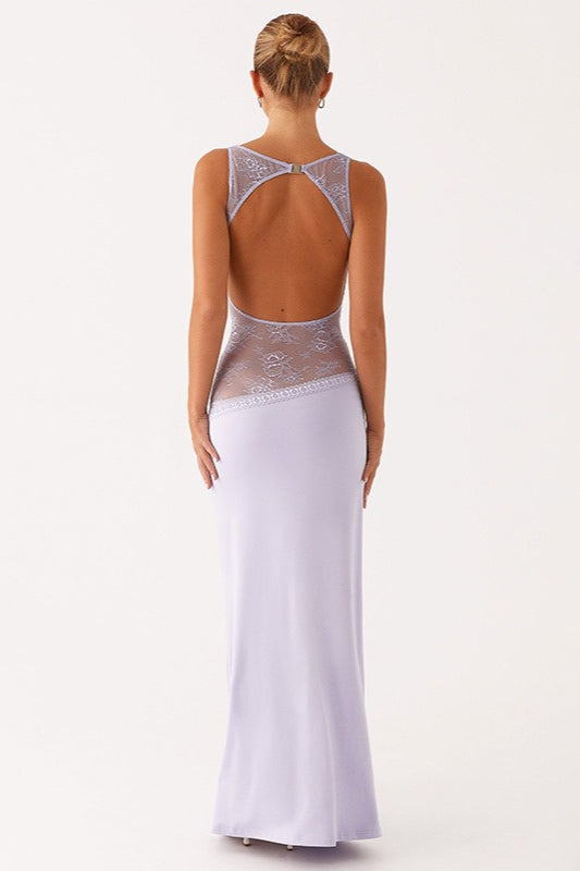 Lace Panel High Neck Backless Mermaid Maxi Dress 11