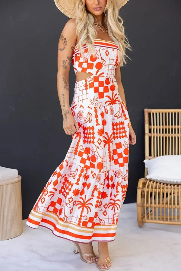 Unique Print Waist Cutout Back Gathered Suspender Maxi Dress - Fashionpara