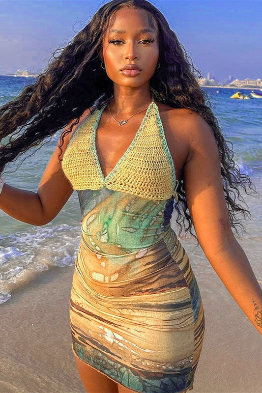 Crochet Halter V-Neck Ruched Bodycon Mini Dress