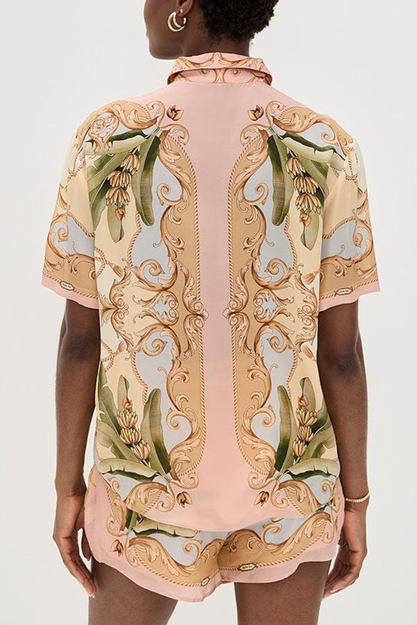 Royalty Unique Print Button Up Short Sleeve Shirt and Elastic Waist Pocketed Loose Shorts Set - Fashionpara