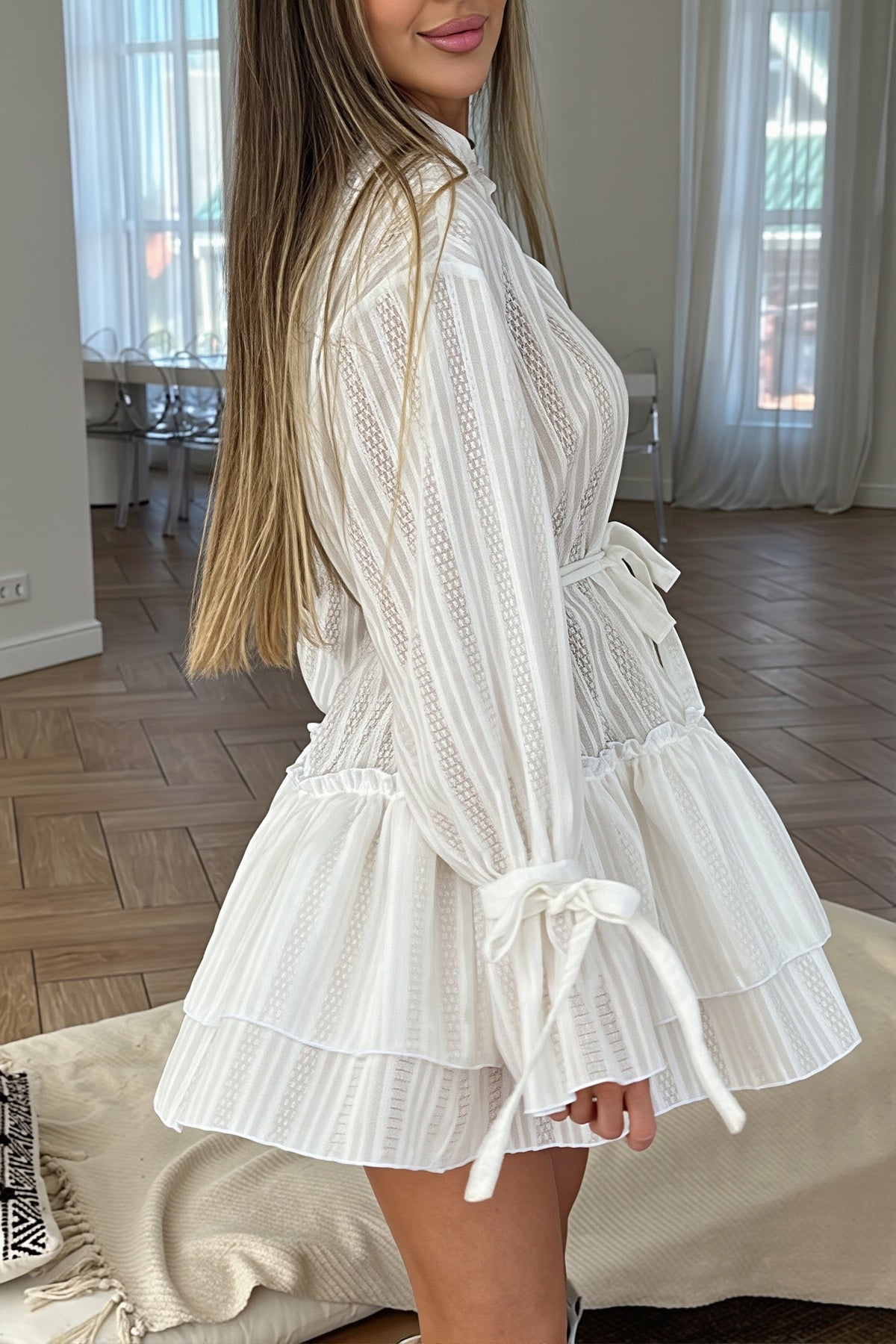 Striped Long Sleeve Belted Tiered Shirt Dress