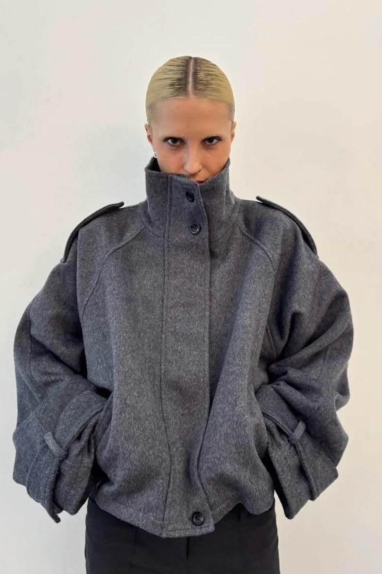 Stand Collar Button Wool Coat - Fashionpara