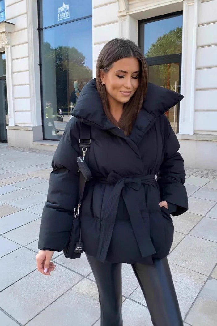 Oversized Solid Color Belted Puffer Jacket 4