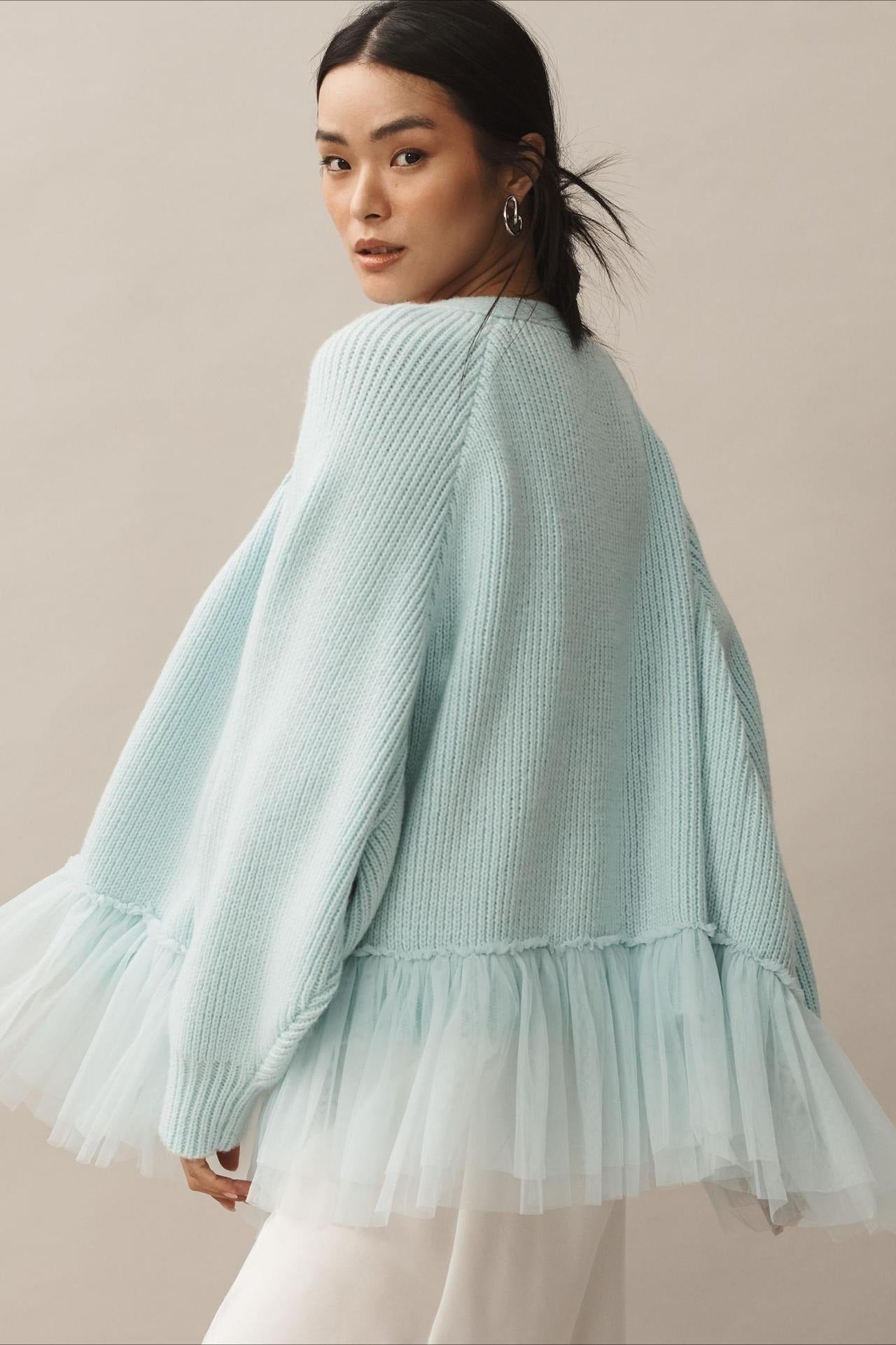 Ruffled Tulle Knit Long-Sleeve Cardigan for Effortless Style - Fashionpara