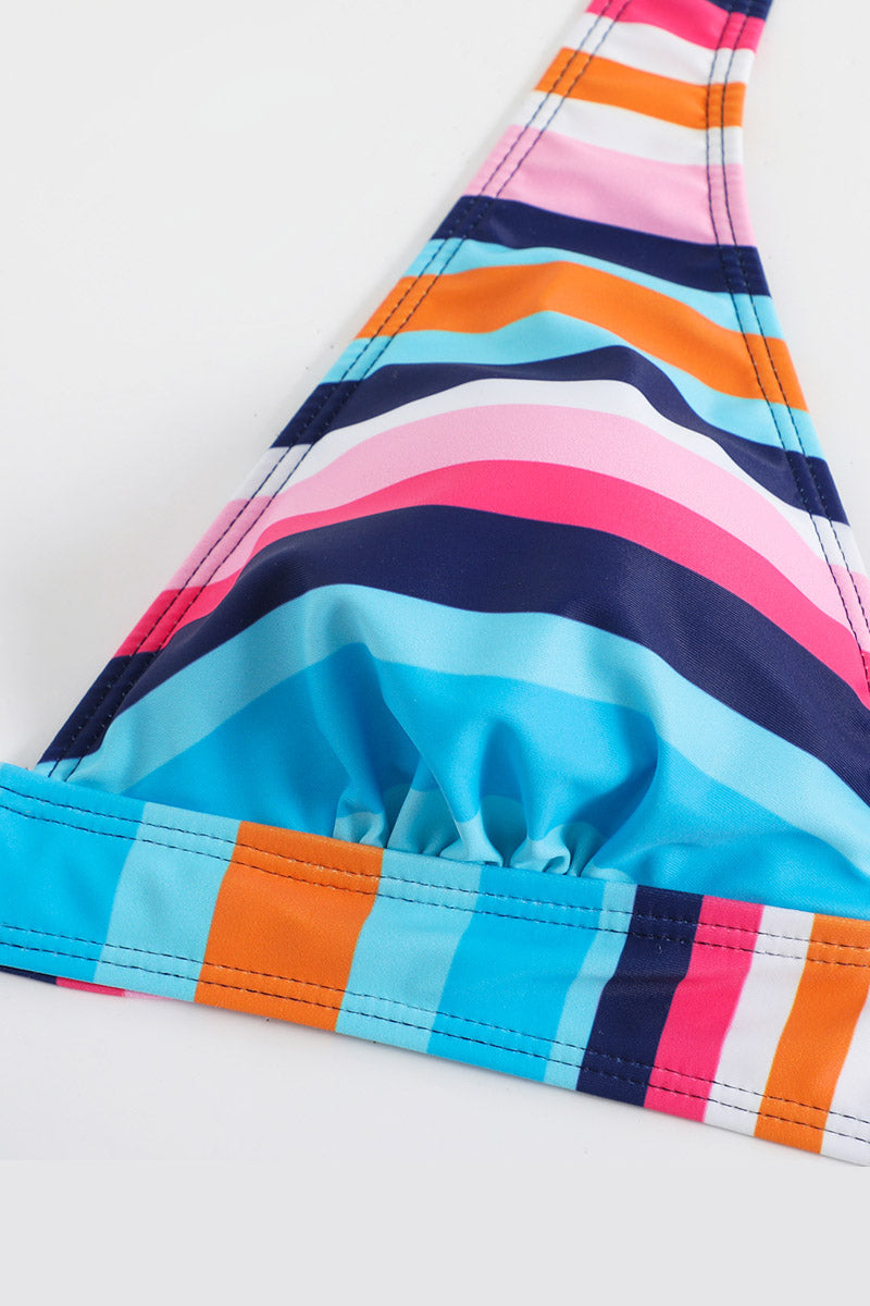 Striped V Neck Halter lace-up Swimsuit - Fashionpara