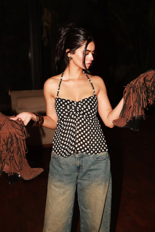 Polka Dot Ruched Halter Tie Back Crop Top - Fashionpara