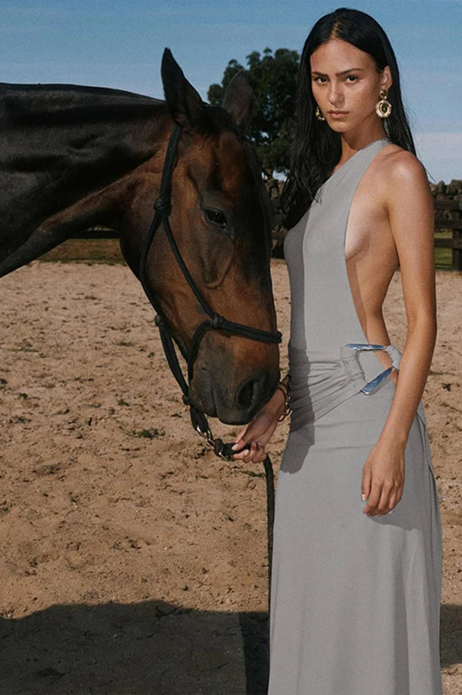 One Shoulder Open Back Ruched Maxi Gown