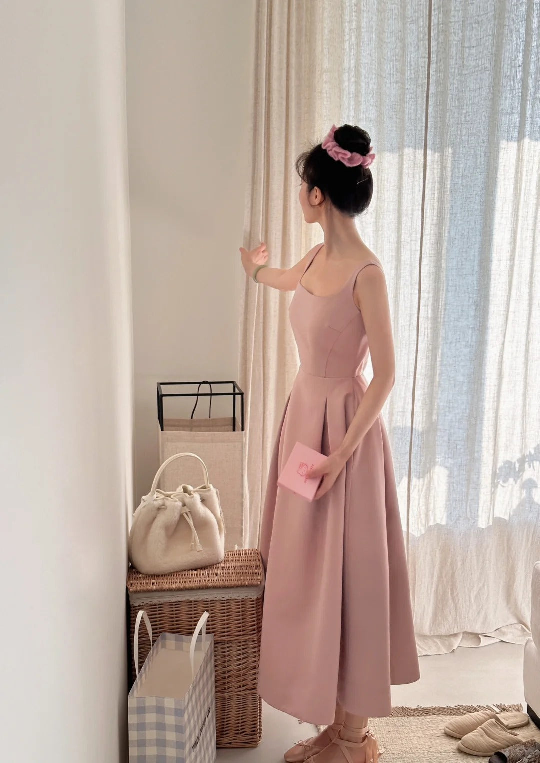 Elegant Pink A-line Square Neck Strap Satin Long Prom Dress Evening Dress P4025