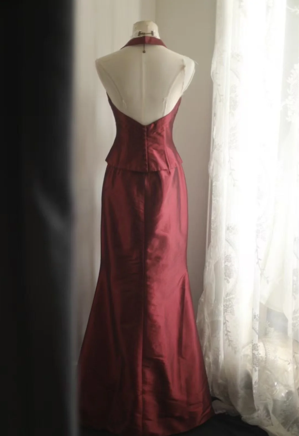 Vintage Burgundy Halter Neck Mermaid Satin Long Prom Dress Evening Dress P4250